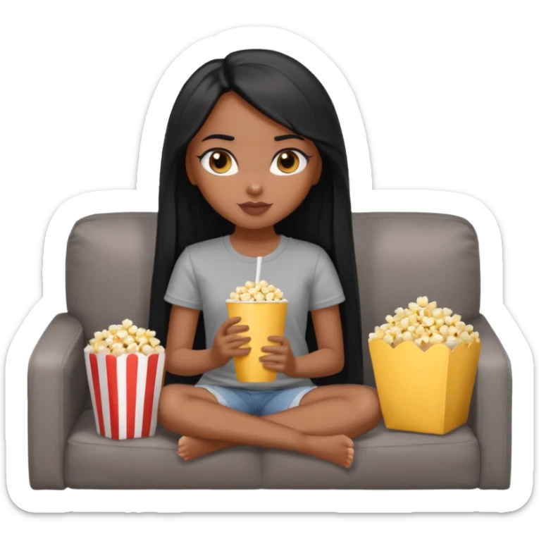 a pretty bratz dusky girl with long straight hair on a couch with popcorn nd wearing a grey tshirt sticker