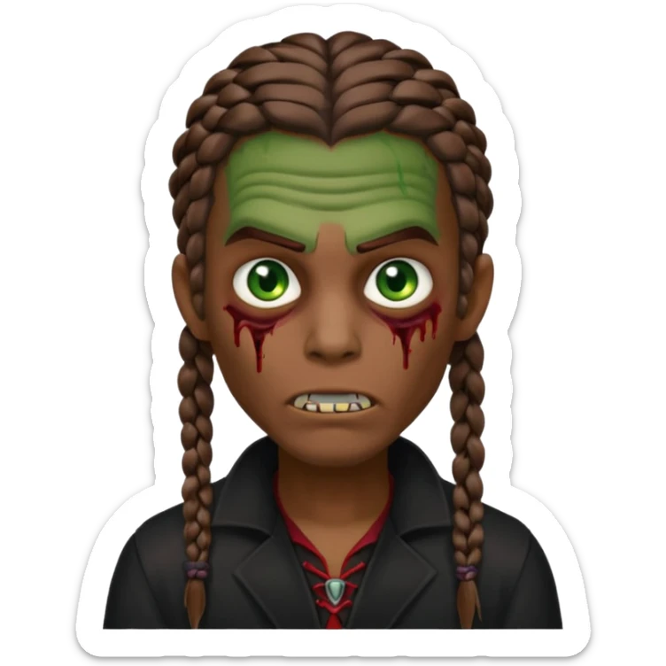 Glued braids men zombie with brown hair color and green eye color, with dark vampire clothes, brown skin sticker