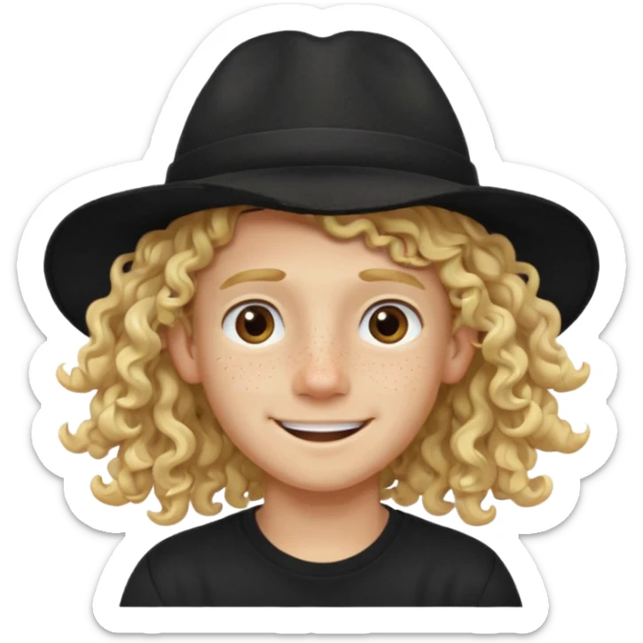 blonde boy with long curly hair past his hears and a LA hat, smiling, wearing a black shirt with freckles sticker