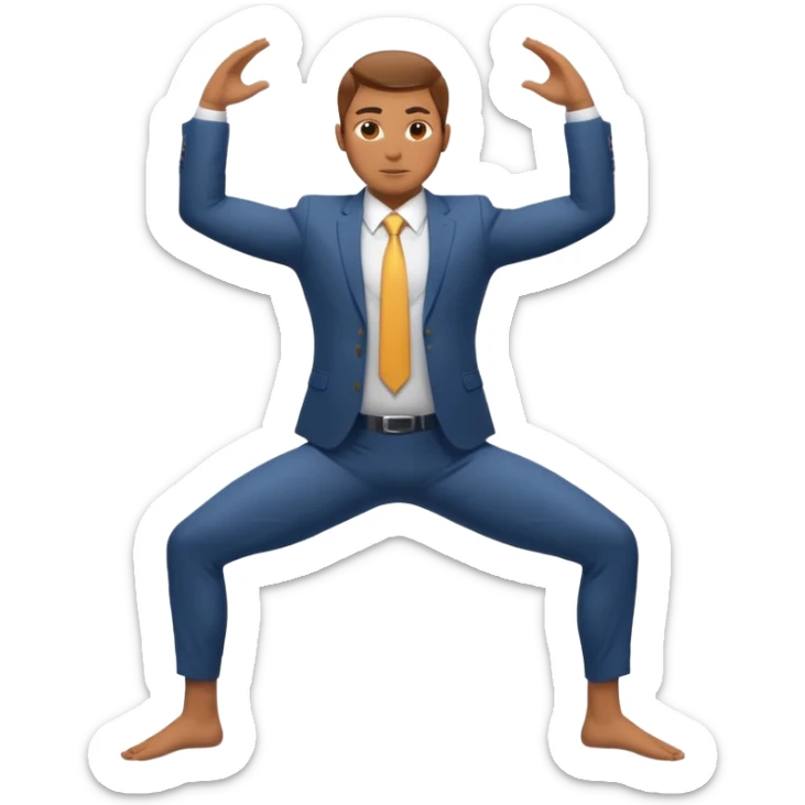 male corporate employee in business suit doing Warrior II yoga pose sticker
