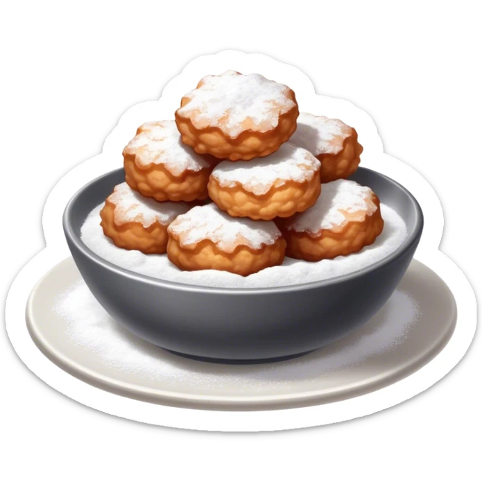 Buñuelo Cinematic Realistic Buñuelo Dessert Emoji, depicted as perfectly round, fluffy fritters served in a small bowl with a dusting of powdered sugar, rendered with vibrant textures and warm, inviting lighting. sticker