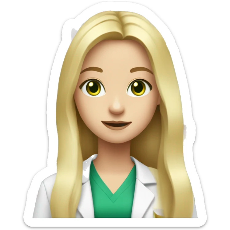 white young girl with blonde long flat hair green eyes working in a pharmacy sticker