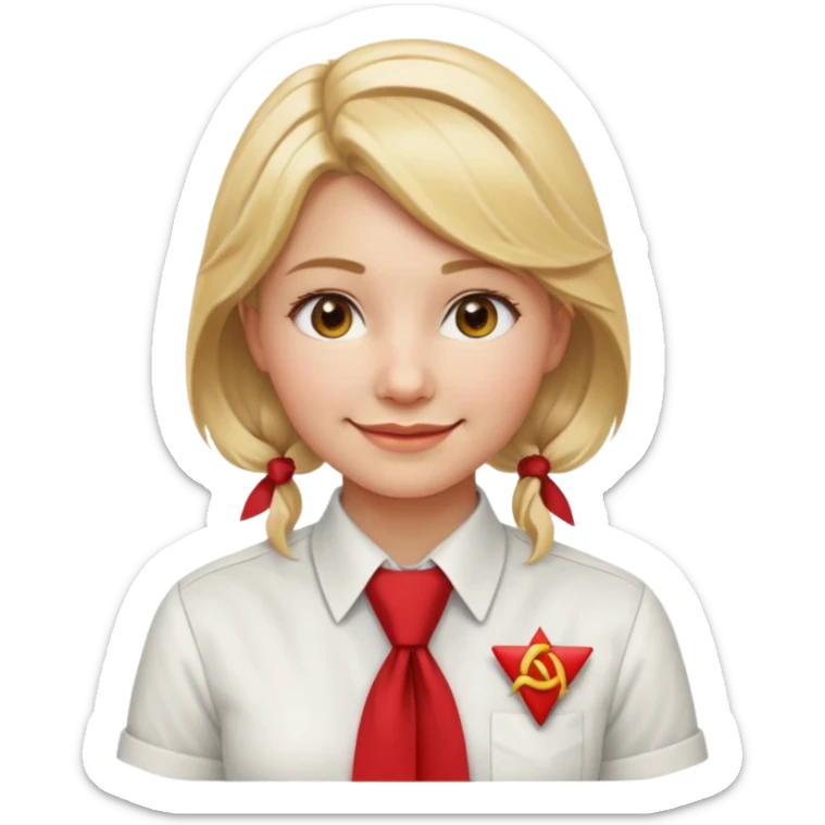A Soviet pioneer girl emoji — smiling young girl wearing a white shirt and a bright red pioneer necktie tied in a loose triangle knot with wide ends (not a formal tie). No hat or headwear. Blonde hair, friendly face, flat minimal emoji style, Apple emoji aesthetic, clean outlines and soft shading. sticker