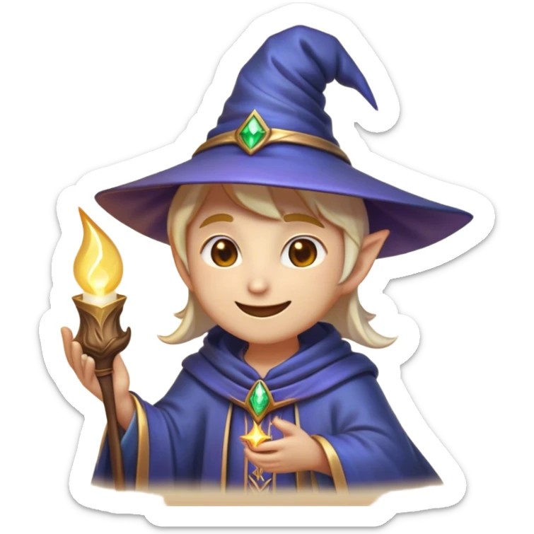 Clash of Clans aesthetic Playful Mage Portrait Emoji, Head tilted with a mischievous glimmer and subtle enchanting smile, featuring a compact, gracefully robed form with a pointed wizard hat and twinkling eyes in natural skin tone, Simplified yet irresistibly charming features, highly detailed, glowing with a warm, inviting magical glow, high shine, spirited and imaginative, stylized with a touch of whimsical sorcery, soft glowing outline, capturing the essence of a playful mage exuding friendly arcane wonder! sticker