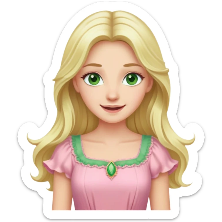blonde woman with long hair, swamp green eyes, pink pastel dress, joyful expression sticker