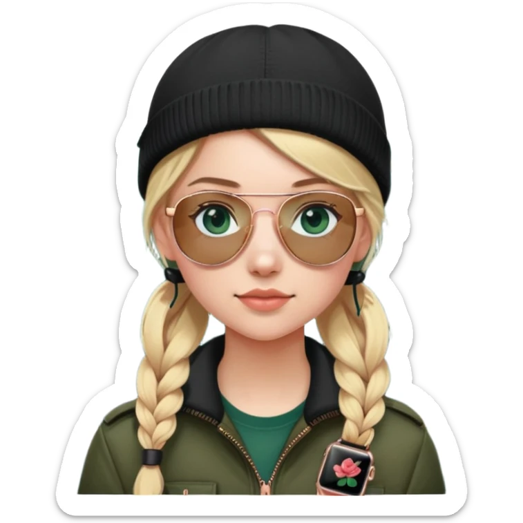girl with pigtailed blond hair
with blue eyes and aviator sunglasses

wearing a black plain beanie
wearing (rose gold apple watch with forest green band) sticker