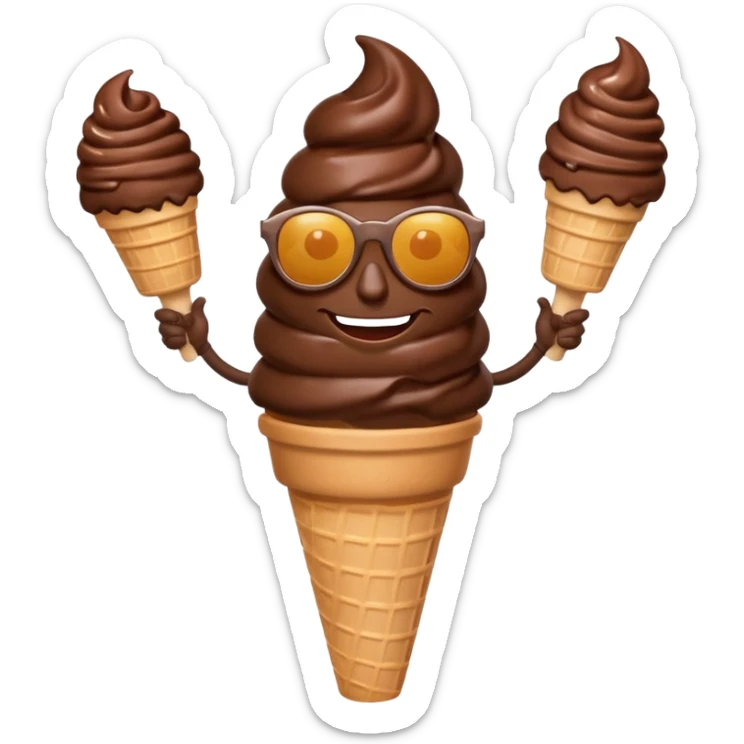 A chocolate icecream, with legs, arms, and a face. It can be seen wearing sunglasses sticker