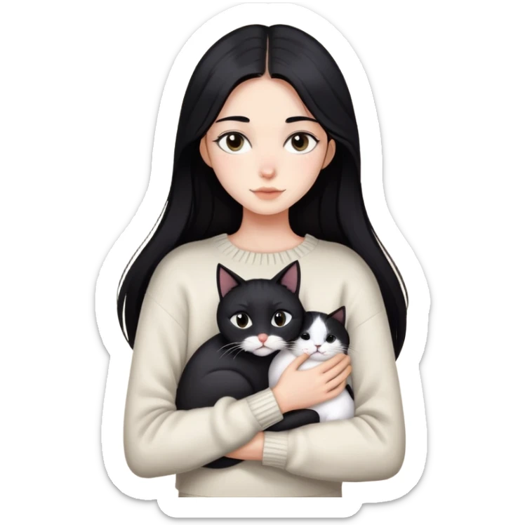 Beautiful skinny woman long dark black hair in sweater hug black white cat sticker