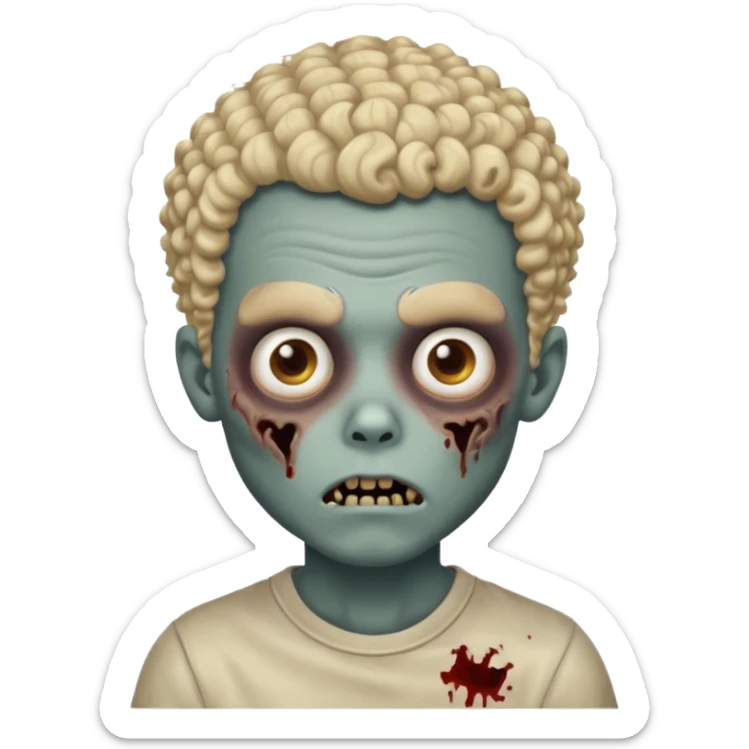 zombie boy with curly mixed lightskin hair, not white boy hair, creepy expression, classic iPhone emoji style sticker