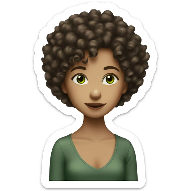 Girl with dark brown curly hair white green eyes small nose small lips sticker