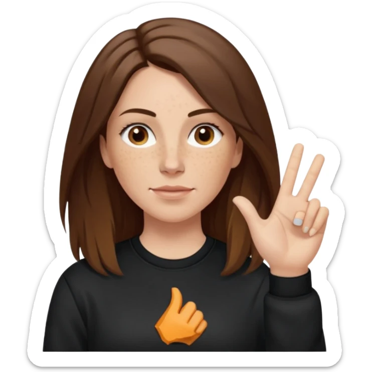 A 38 year old white woman with long brunette hair parted in the middle. She has her nose pierced. Her nose is medium sized. She has brown eyes. She has freckles and is wearing a black sweatshirt and is making the rock on sign with her hand sticker