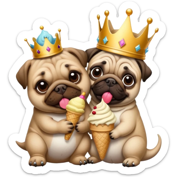 Tyrannosaurus rex wearing a crown. Tyrannosaurus rex is cuddling with a pug and the pug is eating ice cream￼ sticker