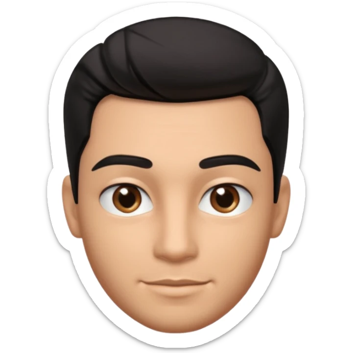 Emoji masculino em estilo 3D / cartoon realista, com pele morena clara, cabelos pretos bem penteados com gel, fios alinhados e com brilho, olhos pretos expressivos, sobrancelhas bem definidas, rosto jovem, expressão simpática e confiante, traços suaves e harmoniosos, sem barba sticker