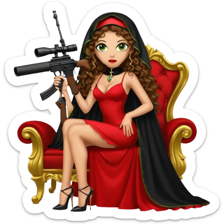 Drug dealer female green eyes symbol.  hair is brown curly long hair. sexy long with long red and black dress and mouth veil cover on that covers her mouth and neck only. black stiletto platform high heels shoes on. Holding sniper rifle sitting on a gold throne. sticker