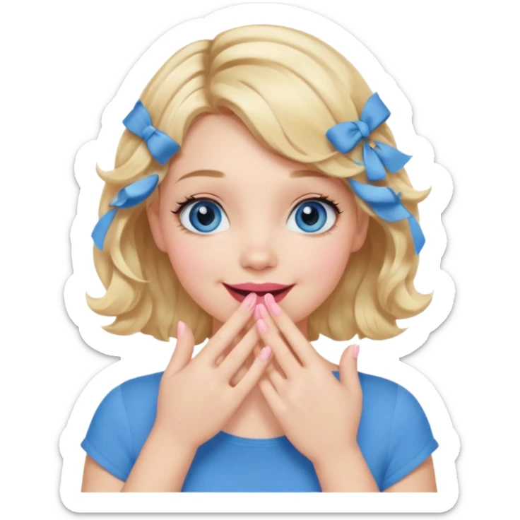 Girl Blonde short wavy hair,  blue eyes, cute blue top, long lashes, pink lips, smiling, hand covering the mouth sticker