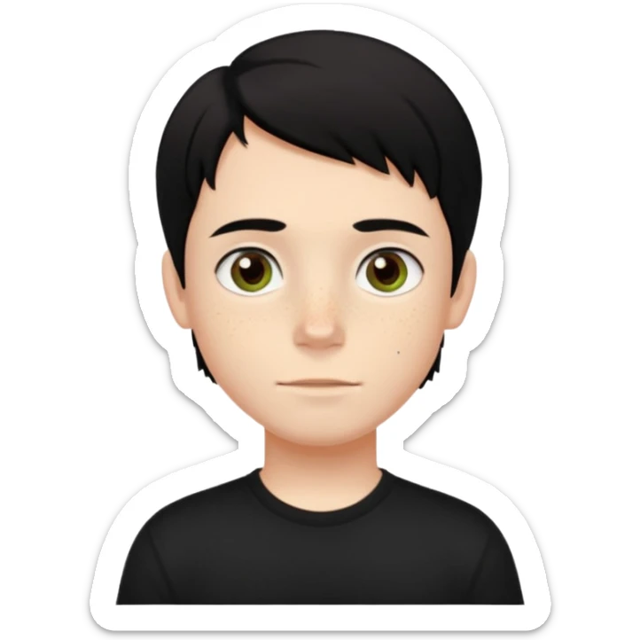 A boy with dark black hair and hazel green and brown eyes and white skin , with freckles and black t shirt with middle part hair hair with a center part haircut  sticker