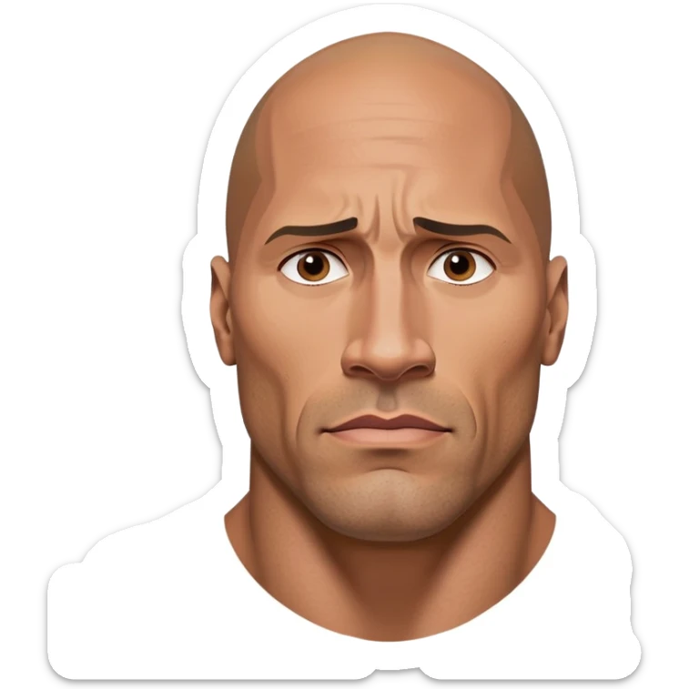 A highly detailed, ultra-realistic emoji of Dwayne 'The Rock' Johnson with a chiseled jawline, intense sigma male stare, and raised eyebrow. The lighting is dramatic, making him look powerful and unstoppable sticker
