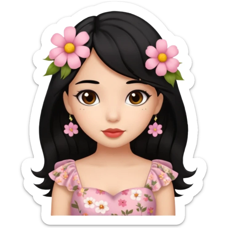 Pretty cute girl wearing a coquette dress, black hair with cute flowers, brown eyed sticker