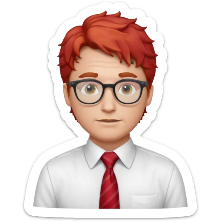 white man in white shirt, having red tie, red wavy hair, wearing glasses sticker