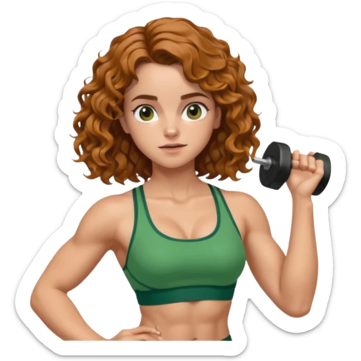 big biceps, muscled torso, very beautiful italian happy girl, looking like Emma Watson, with wavy curly bright hazelnut hair, dressed in green bra sports outfit, pulling up sticker
