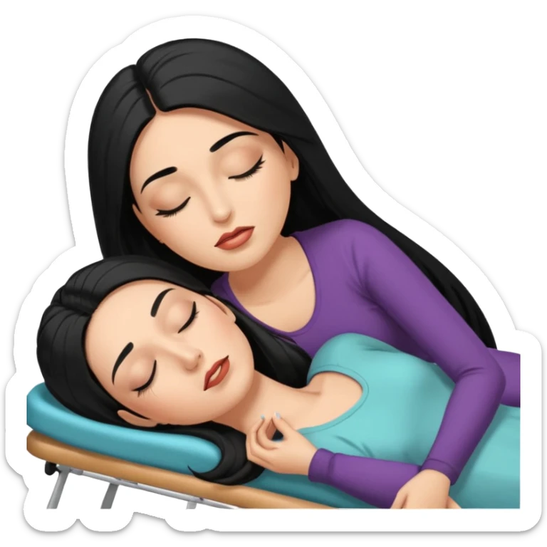 mulher branca cabelo longo e preto aplicando cilios em outra mulher que esta deitada em uma maca de olhos fechados sticker