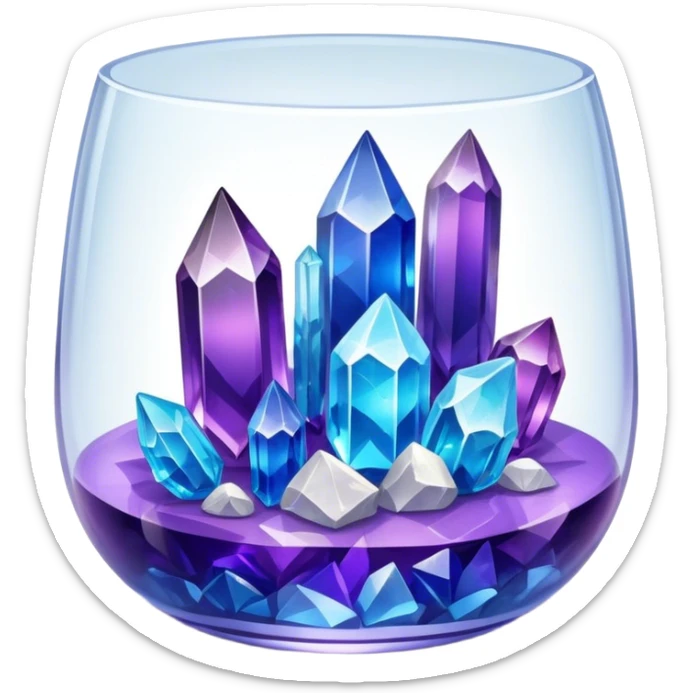 Close-up of vibrant crystals growing in a glass container on a table, with various colors like purple, blue, and clear. Some crystals are larger, while others are still forming. Soft light highlights their natural beauty. Background with a cozy indoor setting. sticker