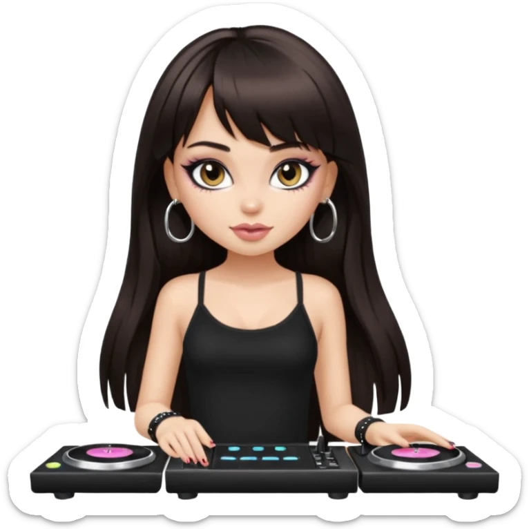 generate a pretty bratz girl in black cami top, dark brown straight long hair with bangs, eyeliner on, djing, fair sticker