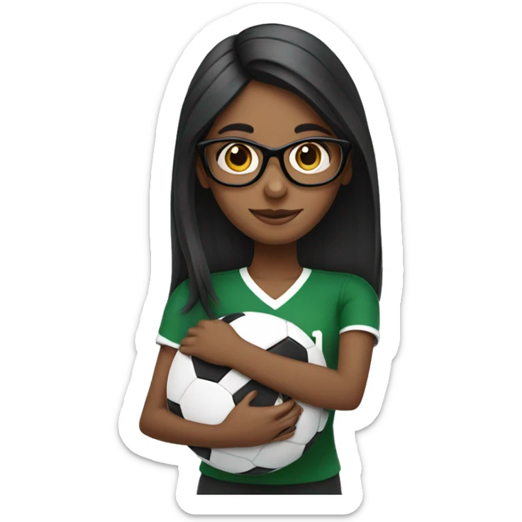 A Tamil girl with straight hair and black glasses hugging a football sticker