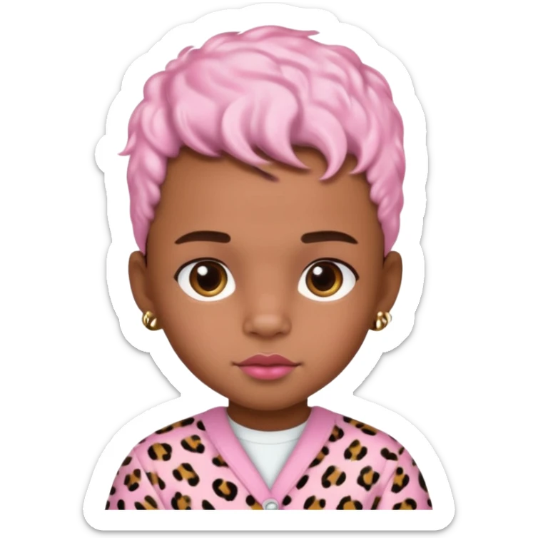 brown-skin boy with baby pink blush and glossy lips and leopard print hair ￼ sticker