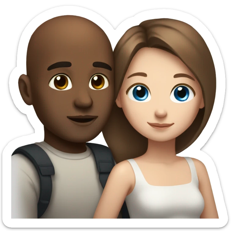 Beautiful Girl with blue eyes and long brown hair and boy with brown hair cuddling, Bald black man  sticker