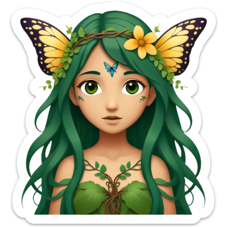 Cinematic Realistic Forest Fairy Portrait, depicted with lifelike, sun-kissed tanned skin that radiates an earthy glow, softly illuminated by natural, dappled light. Her long, flowing dark green hair is intricately detailed and interwoven with delicate vines and wildflowers, while her deep, soulful eyes mirror the wisdom of the forest. Dressed in an attire inspired by nature’s palette—with subtle botanical motifs—the portrait exudes a soft, enchanted glow that melds realism with woodland magic showing her large butterfly wings from her back. sticker