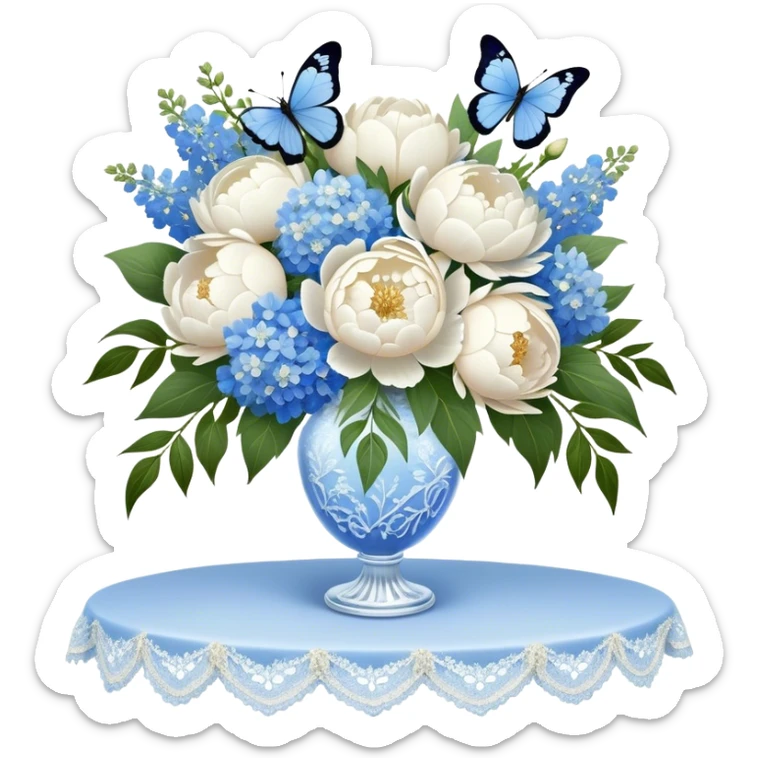 A crystal vase filled with a lush bouquet of white peonies and pale blue delphiniums sits atop a lace-covered table. A sheer ivory ribbon cascades down the side, intertwining with pearl beads, while a delicate blue butterfly flutters just above the petals sticker