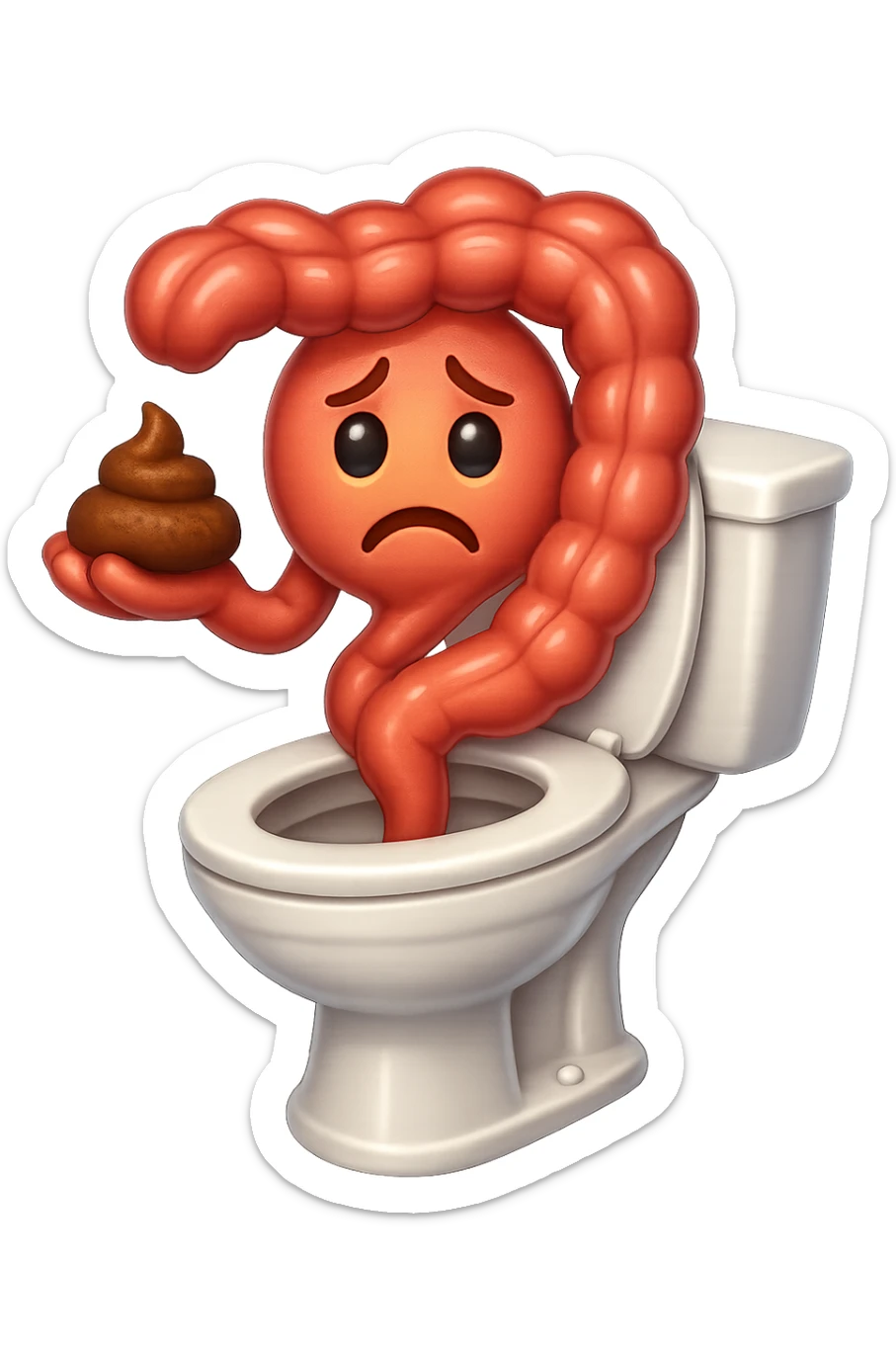 emoji stile iphone di un intestino che esce dal wc con in mano una montagnetta di feci con espressione triste a palline sticker