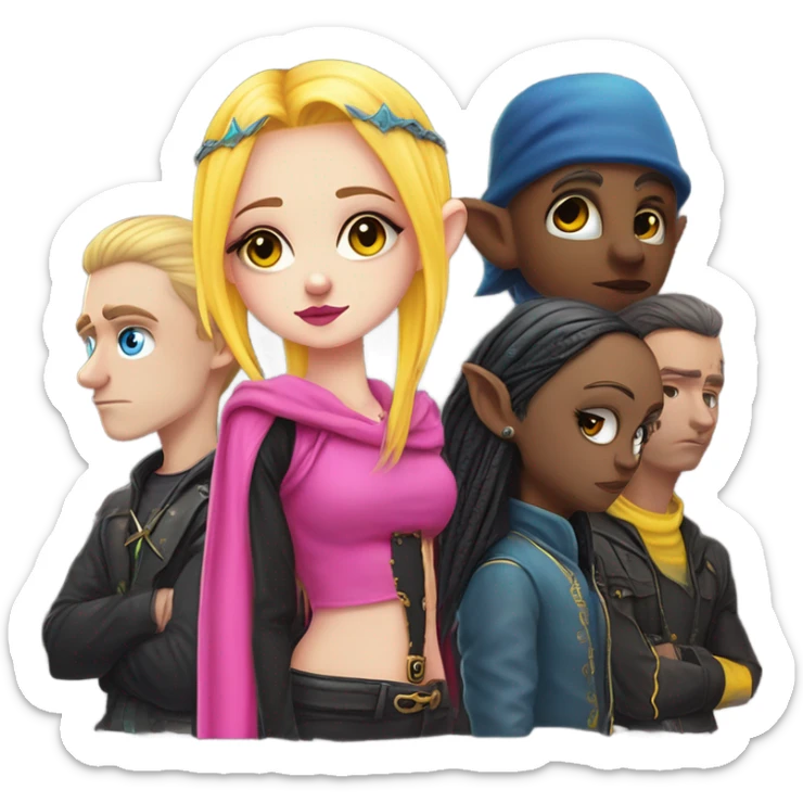Blue eyed long eye lashes pout blonde and pink hair pale hime gyaru girl, hot pink and yellow split-dyed hair, nose ring, elf ears, dark makeup, punk clothes standing next to three diffrent men praying on their knees sticker