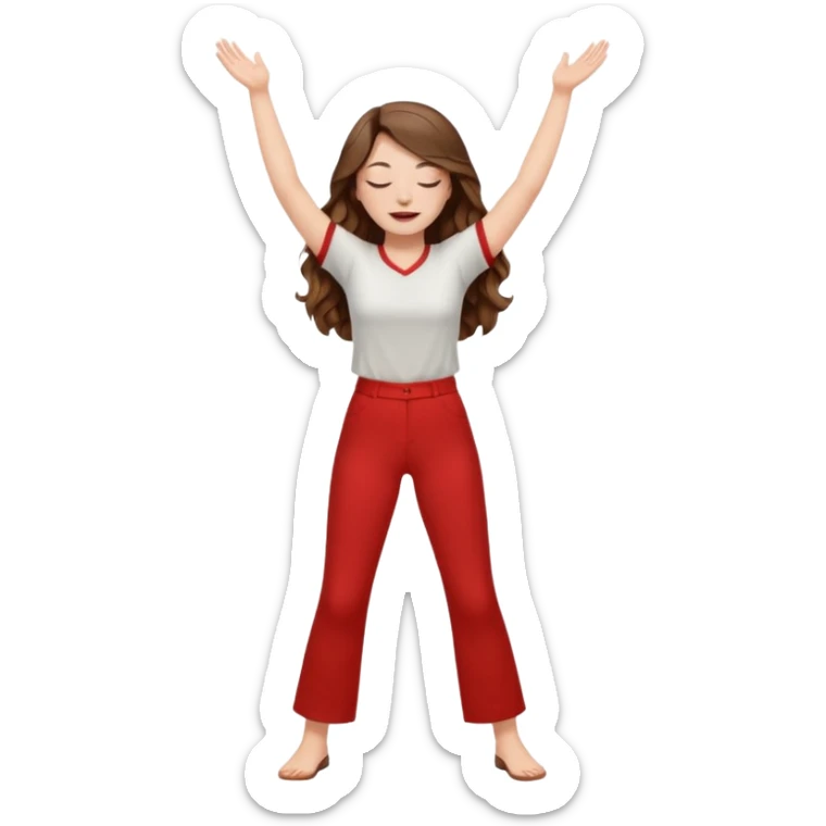 crie uma menina branca com cabelos castanhos longos ondulados, uma roupa de calça e blusa de manga curta na cor vermelho, com braços juntos para cima, olhos fechados e perna levantada. a manga é curta mostra os braços sticker