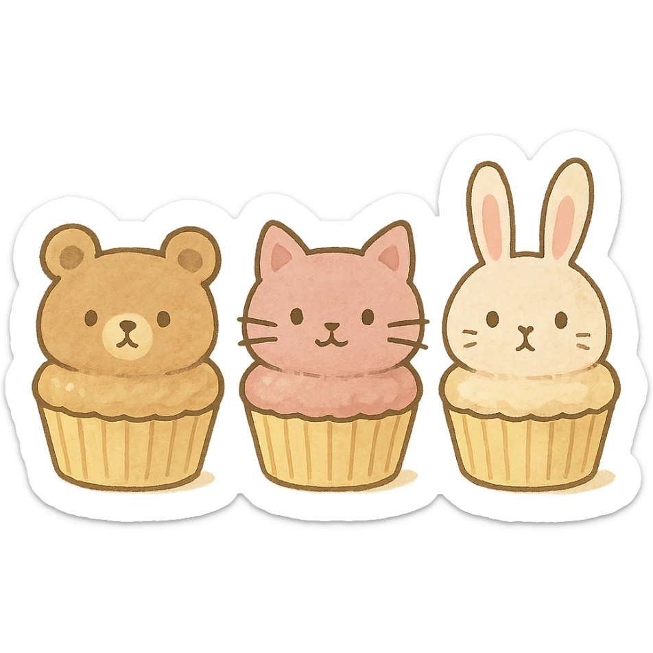 mini cupcakes with animal faces of bear, cat, and rabbit, soft pastel tones, ghibli style, transparent background sticker