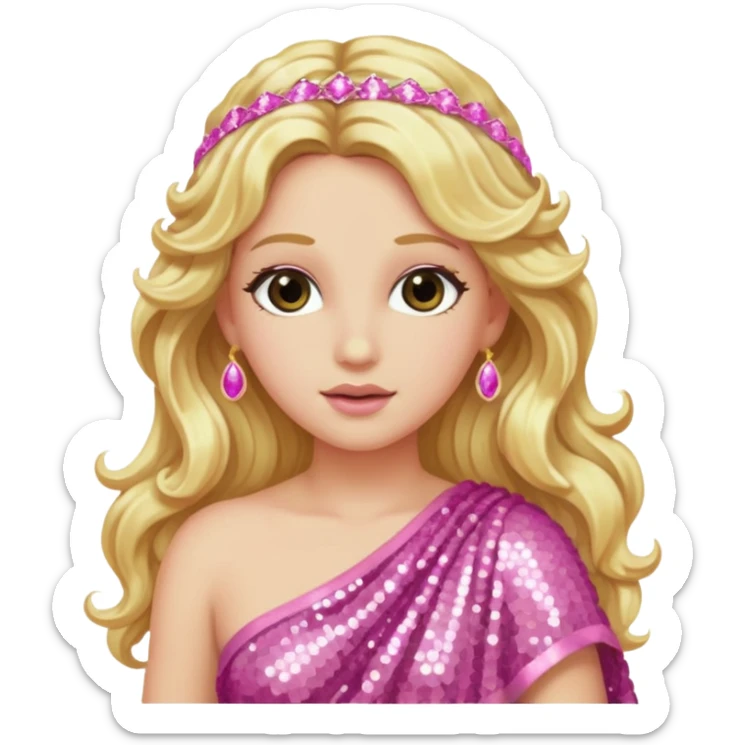 Aphrodite from Greek Gods with long blonde wavy hair, pink sequin toga sticker