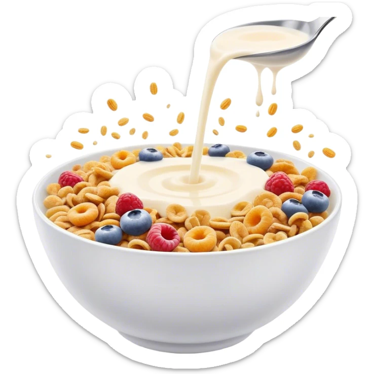 Cinematic crunchy cereal, vibrant and colorful, splashing into a bowl of cold milk, soft glowing background, dynamic movement, playful and inviting, nostalgic and fun. sticker