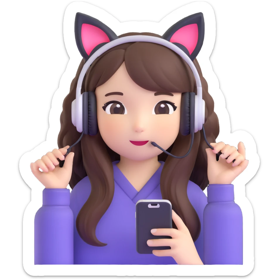Adorable Japanese girl with long hair, cute cat ear headphones and holding smartphone sticker