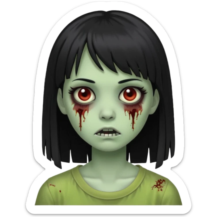 Emoji de uma garota zumbi com os cabelos longos, lisos e pretos. Ela usa uma franja curta. E tem a pele verde  sticker