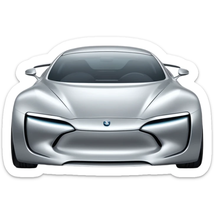 A low-profile futuristic car emoji made of polished silver chrome, wide body stance, smooth aerodynamic shape, glossy metallic surface, soft reflections, luxury swag aesthetic, minimal details, iOS emoji style, centered on clean white background, studio lighting sticker