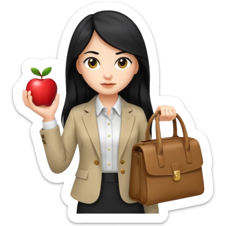 a girl with long black hair, neutral expression, business style clothes (shirt, jacket), with a business bag, Apple Memoji emoji style sticker