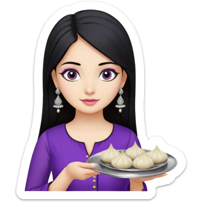a pretty bratz girl with straight black hair, wearing a purple kurti, silver jhumkas, eyeliner, carrying a plate of momos. No necklace or bindi sticker