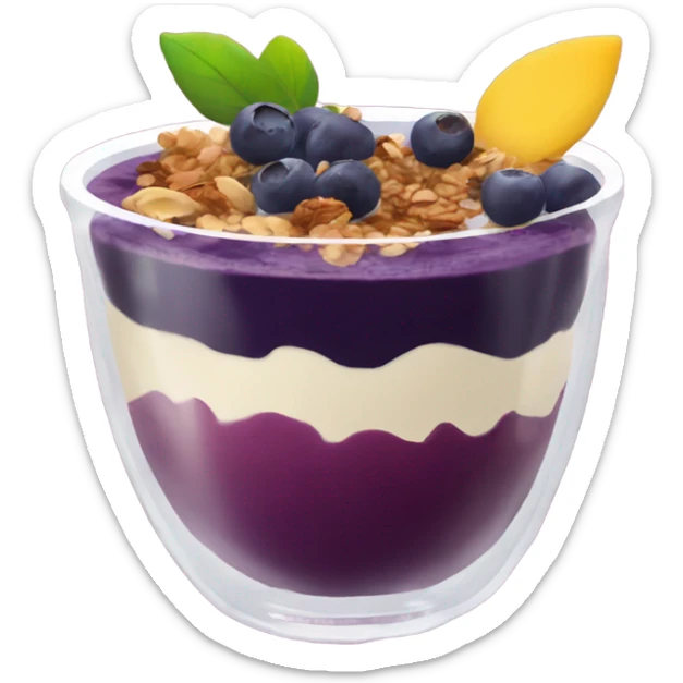Açaí in a clear cup with layers of fruits and granola and condensed milk sticker