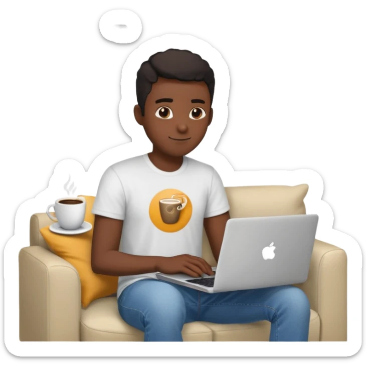 Homme développeur de teint noir, assis dans un coin cosy de son salon un week-end, ordinateur portable ouvert affichant du code. Lumière naturelle douce, ambiance calme. Habillé simplement (t-shirt clair, jean ou short), tasse de café/thé à côté. sticker