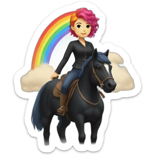 Woman with short rainbow hair riding a black horse sticker