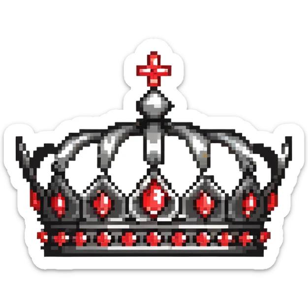 black crown with a row of red jewels along the base and top sticker