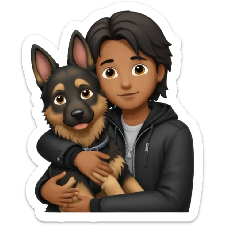 Garoto negro fofo e cabelo comprido usando jaqueta preta abraçando um cachorro pastor alemão  sticker