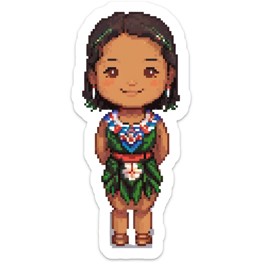 brown Samoan skinny girl with slight Chinese features, black short hair just below the shoulders, smiling with closed lips, pixel art style sticker