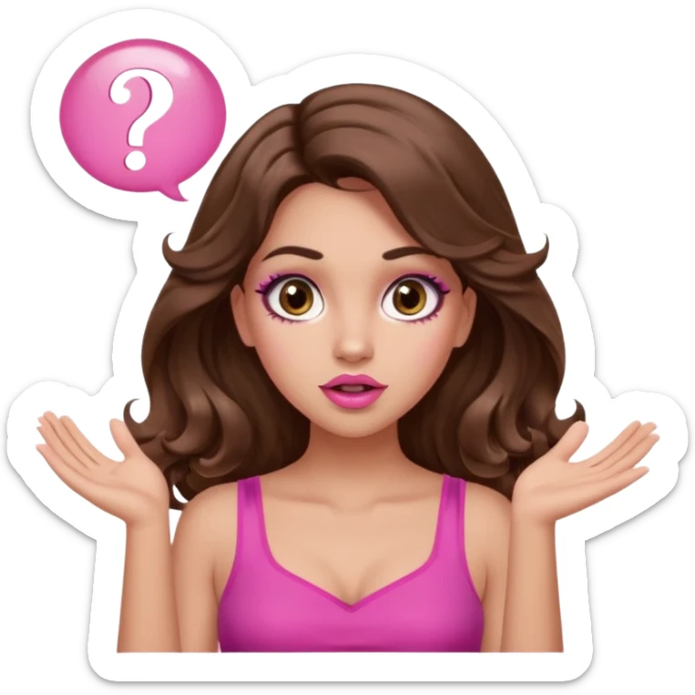 girl with long wavy brown hair, brown eyes, long lashes makeup, sexy pink lips, light to medium complexion, pink sexy top, two hands up, shrugging, confused question mark bubble sign sticker